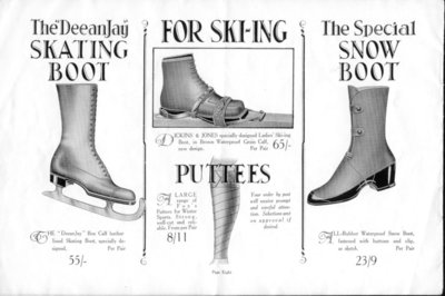 Winter boots, skates and skis advert in the Dickins and Jones winter sports season catalogue, 1926-27, page 8