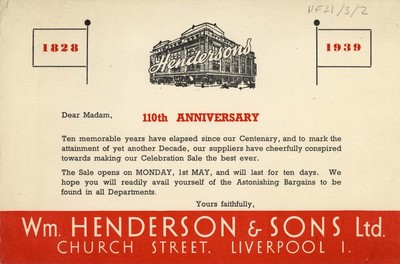 William Henderson & Sons 110th anniversary advertisement, 1939.